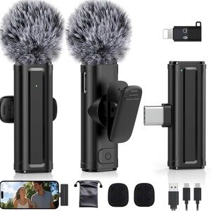 Wireless Clip-On Lavalier Microphone with Windscreens - Black